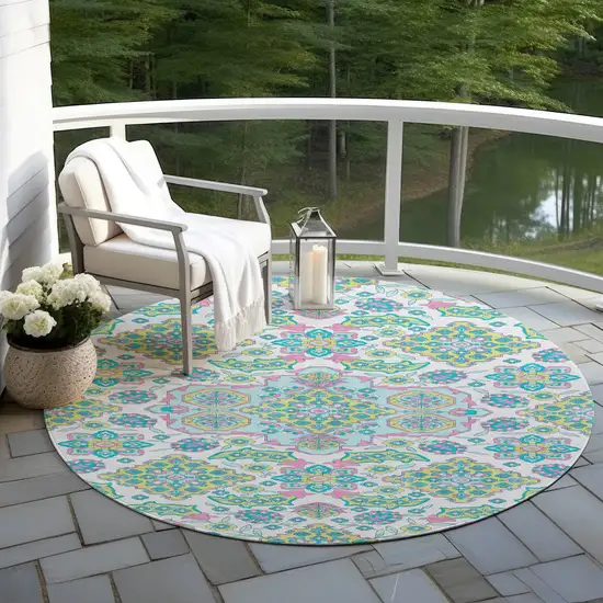 8' White Teal Blue And Pink Round Medallion Washable Indoor Outdoor Area Rug Photo 5