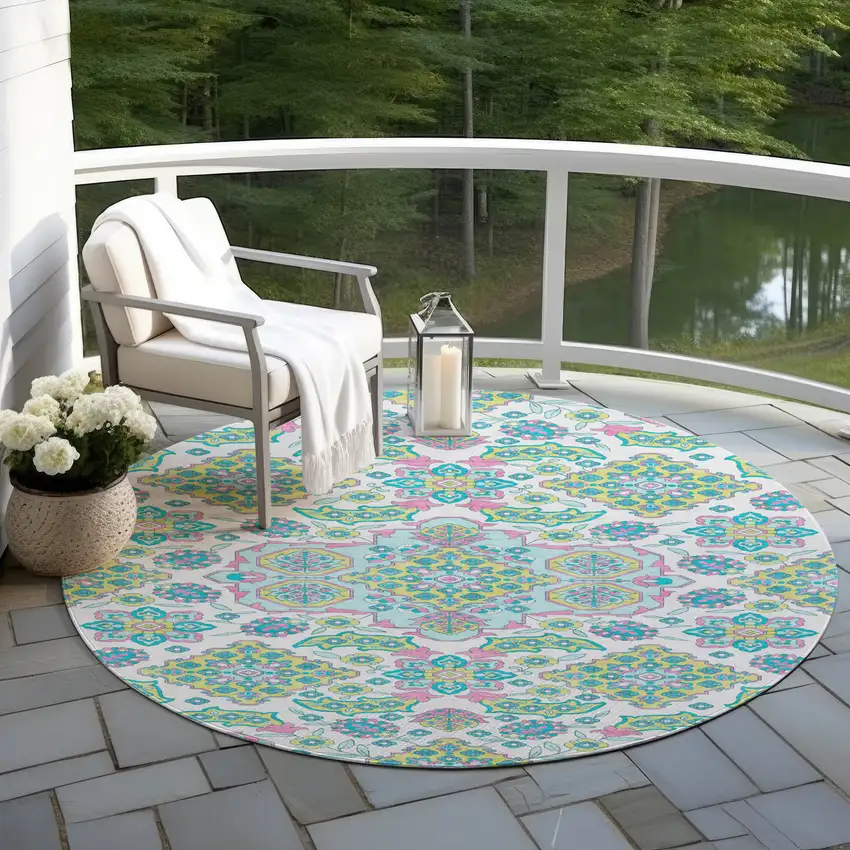 8' White Teal Blue And Pink Round Medallion Washable Indoor Outdoor Area Rug Photo 5