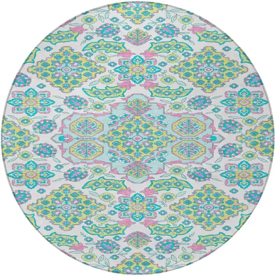 8' White Teal Blue And Pink Round Medallion Washable Indoor Outdoor Area Rug Photo 3