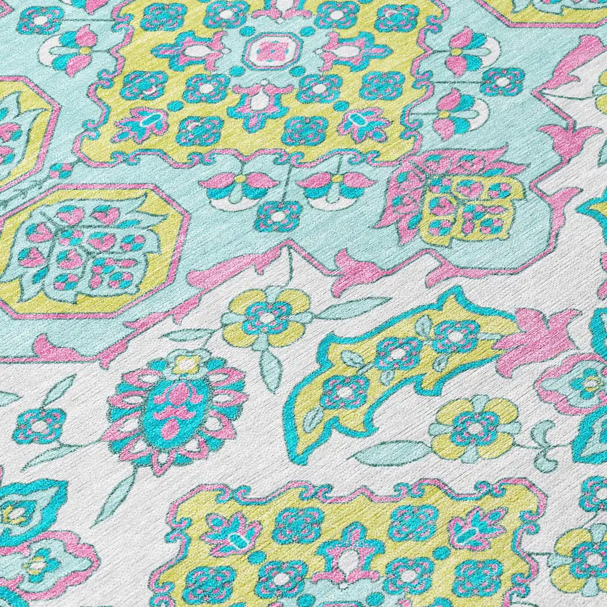 8' White Teal Blue And Pink Round Medallion Washable Indoor Outdoor Area Rug Photo 9