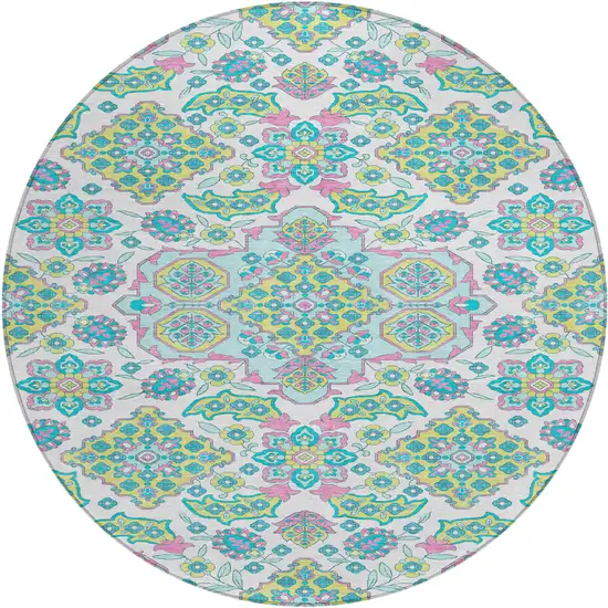 8' White Teal Blue And Pink Round Medallion Washable Indoor Outdoor Area Rug Photo 1