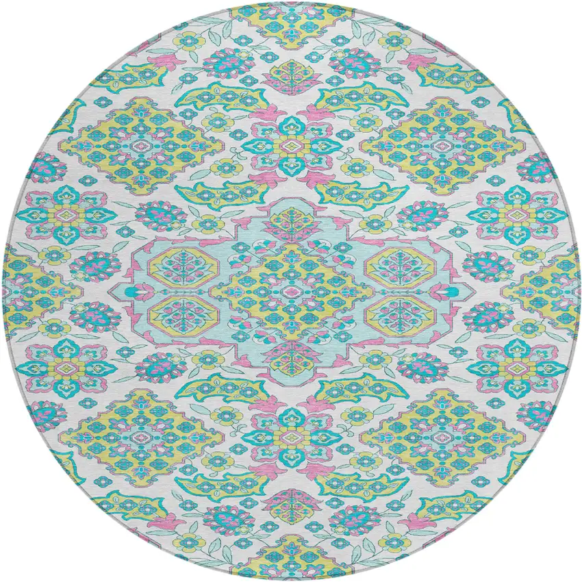 8' White Teal Blue And Pink Round Medallion Washable Indoor Outdoor Area Rug Photo 1
