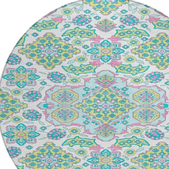 8' White Teal Blue And Pink Round Medallion Washable Indoor Outdoor Area Rug Photo 4