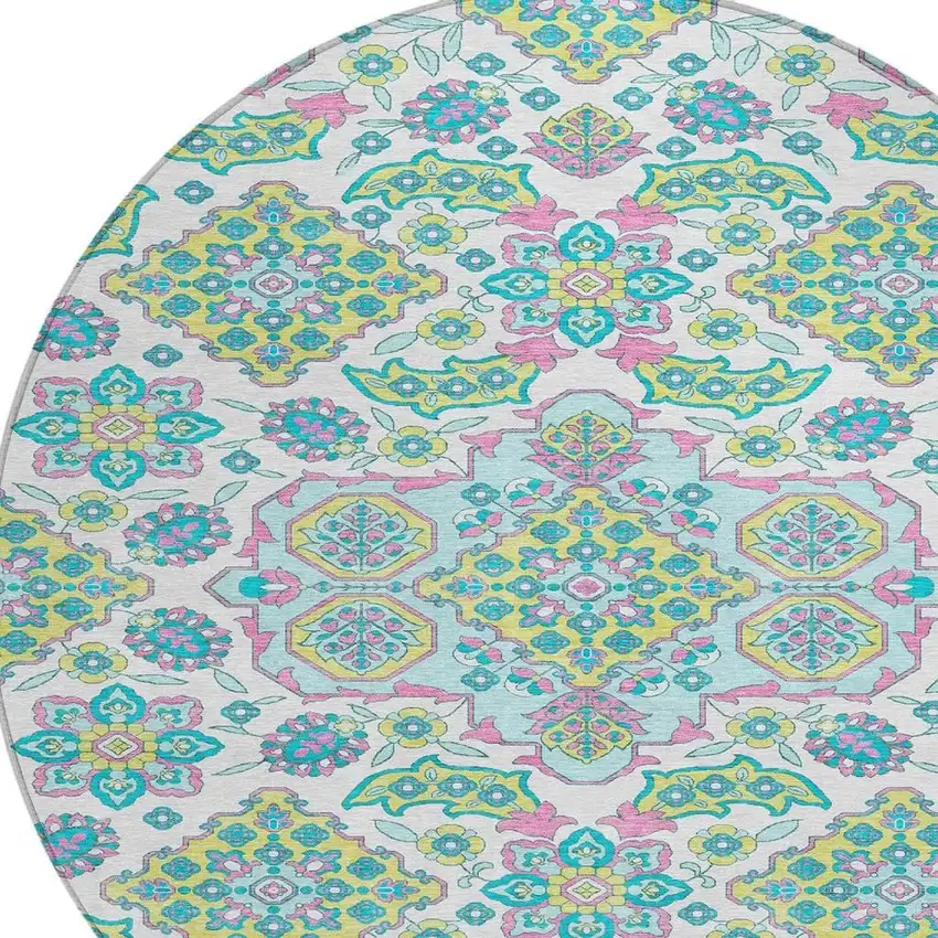 8' White Teal Blue And Pink Round Medallion Washable Indoor Outdoor Area Rug Photo 4