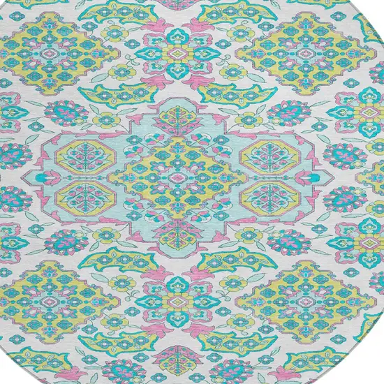 8' White Teal Blue And Pink Round Medallion Washable Indoor Outdoor Area Rug Photo 8