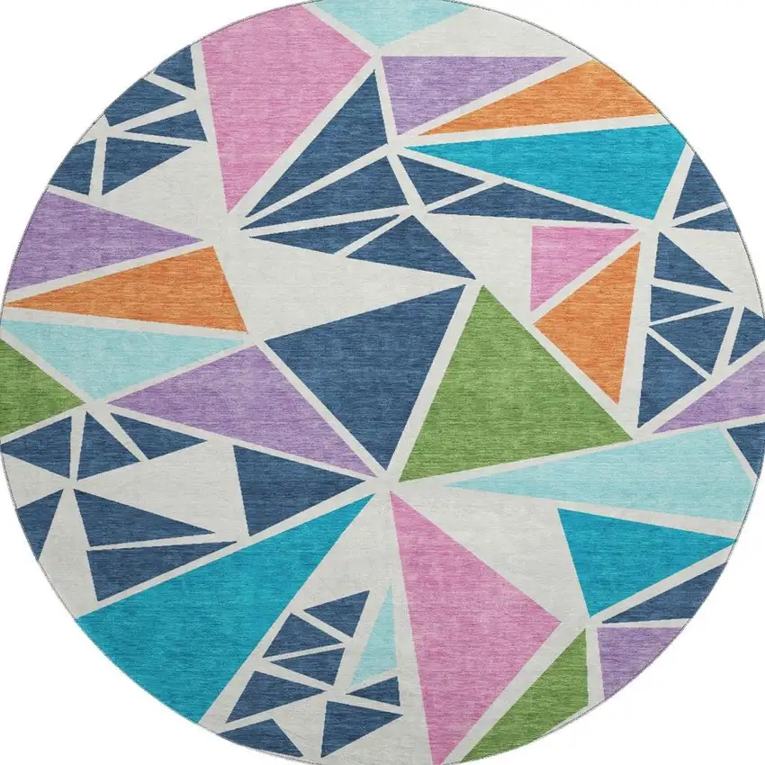 8' White Teal Pink And Orange Geometric Washable Round Rug With UV Protection Photo 3