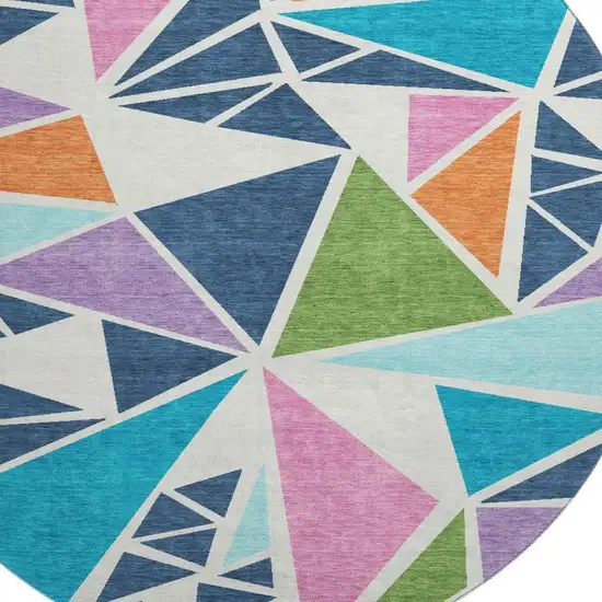 8' White Teal Pink And Orange Geometric Washable Round Rug With UV Protection Photo 2