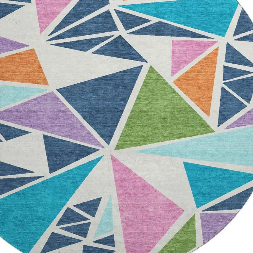 8' White Teal Pink And Orange Geometric Washable Round Rug With UV Protection Photo 2