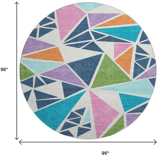 8' White Teal Pink And Orange Geometric Washable Round Rug With UV Protection Photo 9