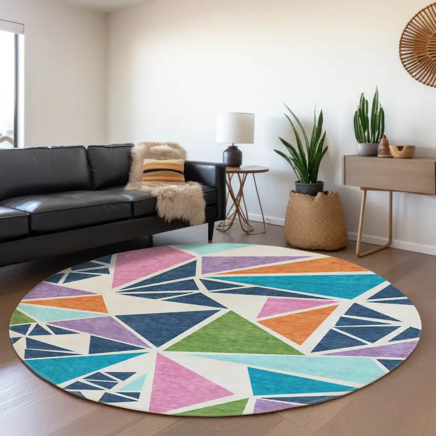 8' White Teal Pink And Orange Geometric Washable Round Rug With UV Protection Photo 4