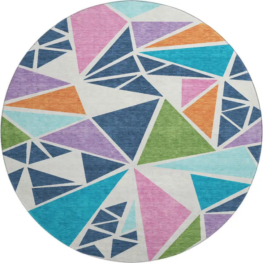 8' White Teal Pink And Orange Geometric Washable Round Rug With UV Protection Photo 1
