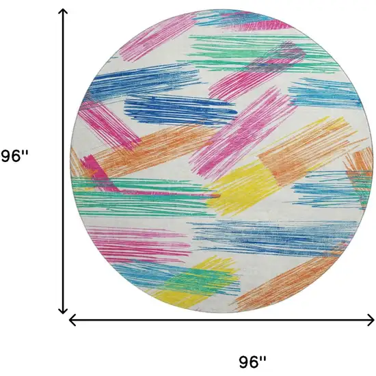8' White Yellow And Pink Striped Washable Round Rug With UV Protection Photo 9