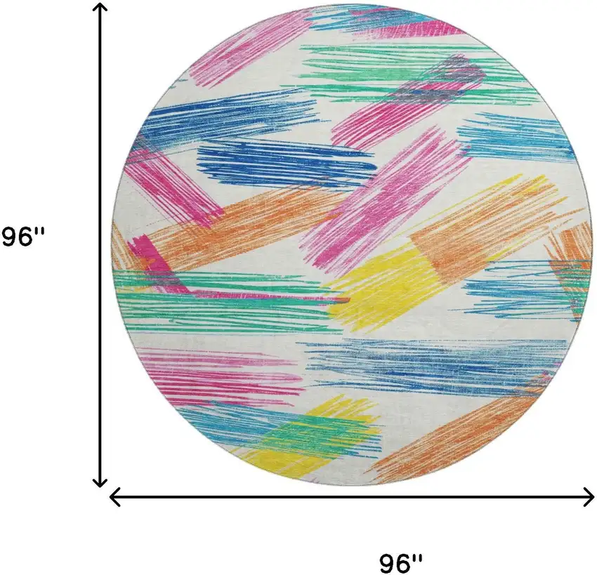 8' White Yellow And Pink Striped Washable Round Rug With UV Protection Photo 9