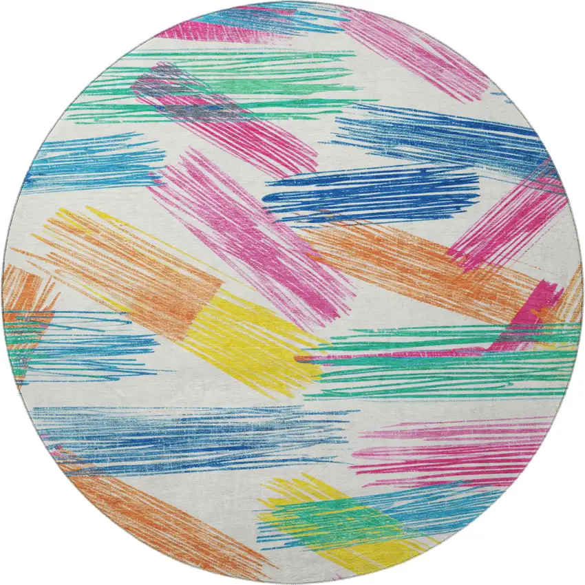 8' White Yellow And Pink Striped Washable Round Rug With UV Protection Photo 3