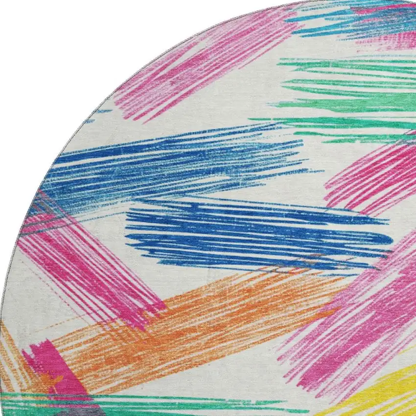8' White Yellow And Pink Striped Washable Round Rug With UV Protection Photo 2