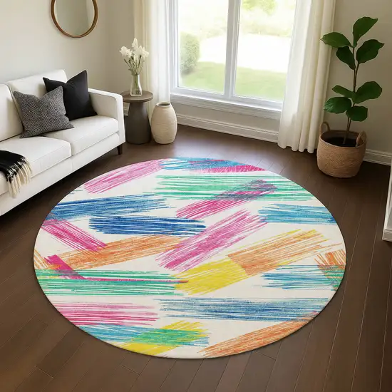 8' White Yellow And Pink Striped Washable Round Rug With UV Protection Photo 4