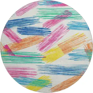 Photo of 8' White Yellow And Pink Striped Washable Round Rug With UV Protection