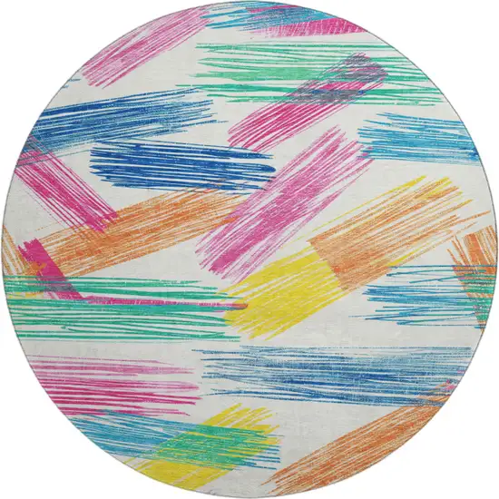 8' White Yellow And Pink Striped Washable Round Rug With UV Protection Photo 1