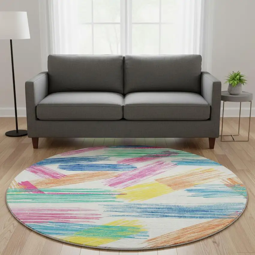 8' White Yellow And Pink Striped Washable Round Rug With UV Protection Photo 2