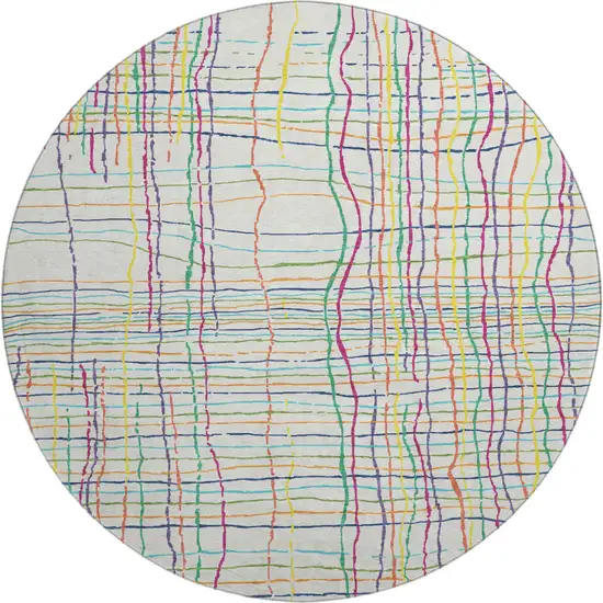 8' White Yellow Green And Pink Striped Washable Round Rug With UV Protection Photo 1