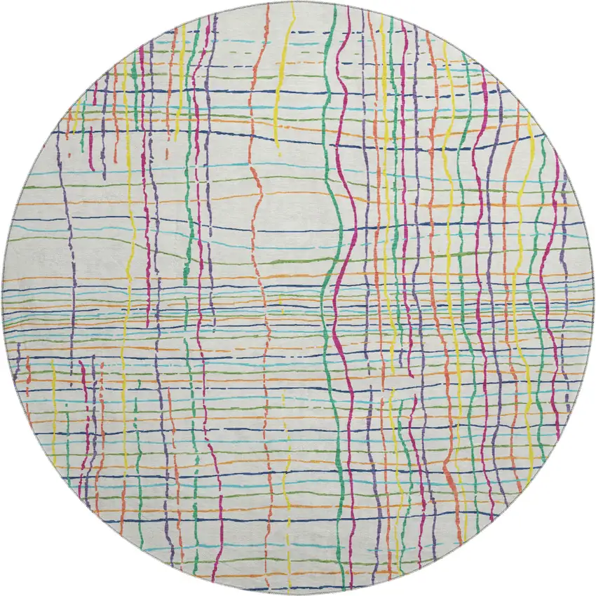8' White Yellow Green And Pink Striped Washable Round Rug With UV Protection Photo 1