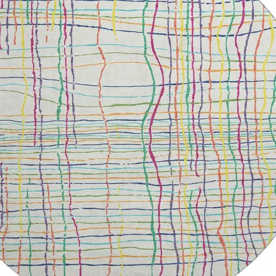 8' White Yellow Green And Pink Striped Washable Round Rug With UV Protection Photo 2