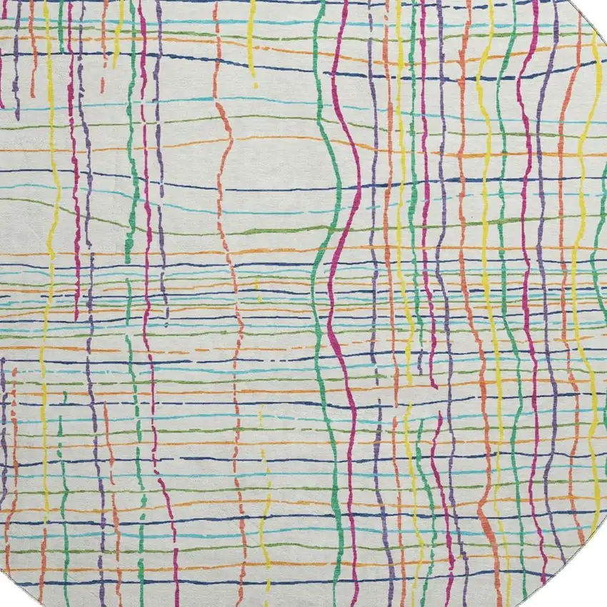 8' White Yellow Green And Pink Striped Washable Round Rug With UV Protection Photo 2