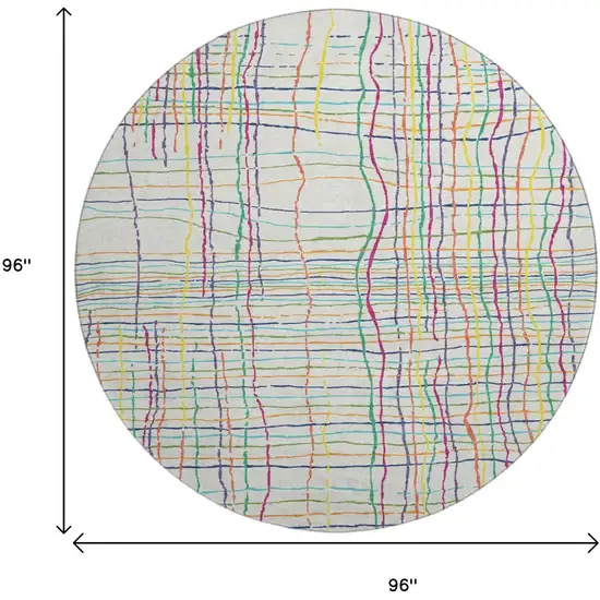 8' White Yellow Green And Pink Striped Washable Round Rug With UV Protection Photo 9