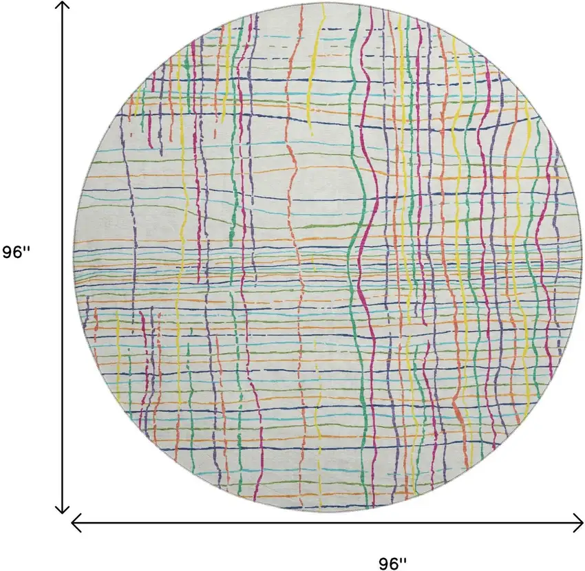 8' White Yellow Green And Pink Striped Washable Round Rug With UV Protection Photo 9