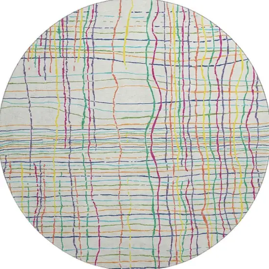 8' White Yellow Green And Pink Striped Washable Round Rug With UV Protection Photo 3
