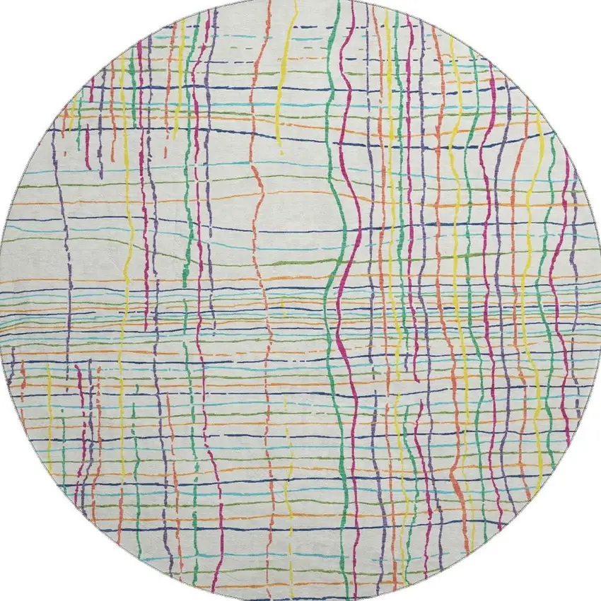 8' White Yellow Green And Pink Striped Washable Round Rug With UV Protection Photo 3