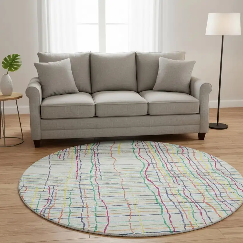 8' White Yellow Green And Pink Striped Washable Round Rug With UV Protection Photo 2