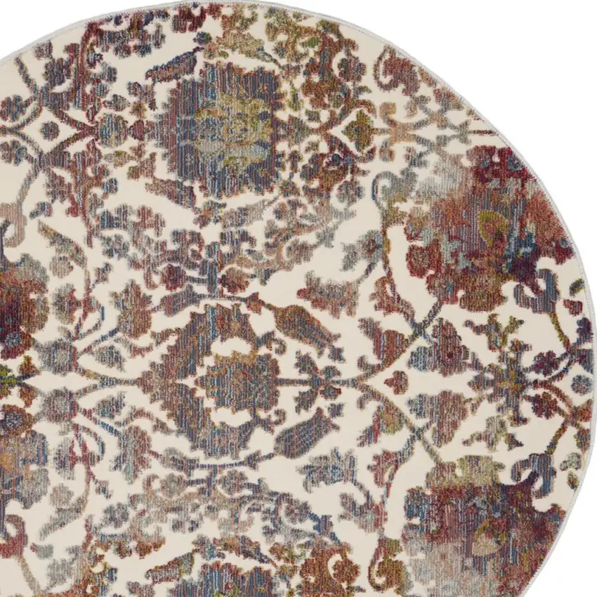 4' White and Golden Brown Floral Distressed Non Skid Round Rug Photo 7