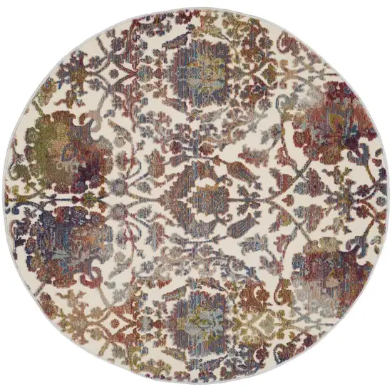 4' White and Golden Brown Floral Distressed Non Skid Round Rug Photo 4