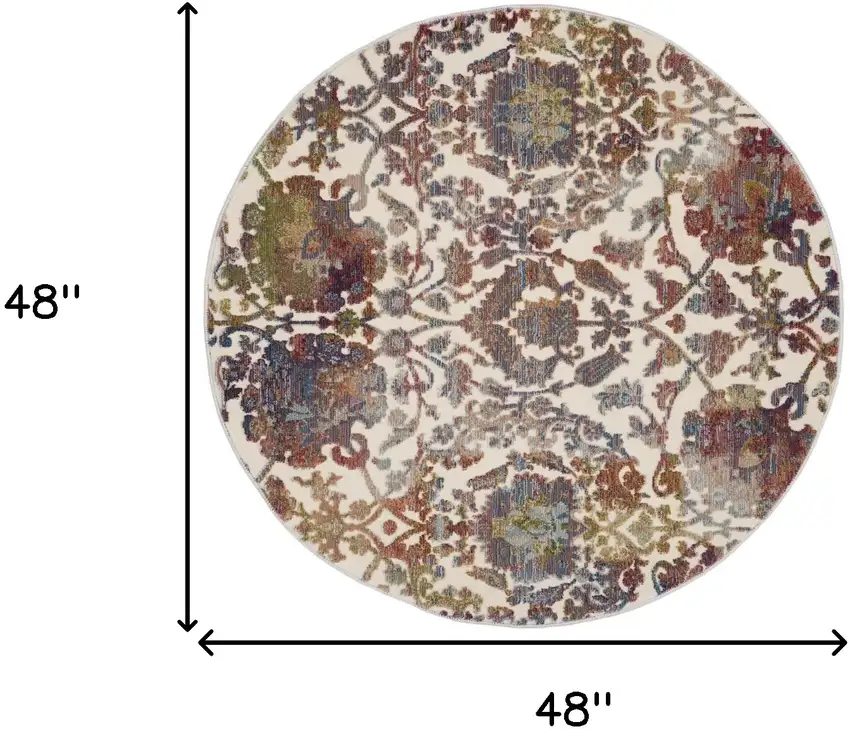 4' White and Golden Brown Floral Distressed Non Skid Round Rug Photo 3