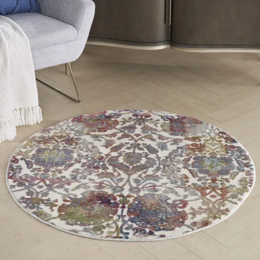 4' White and Golden Brown Floral Distressed Non Skid Round Rug Photo 5