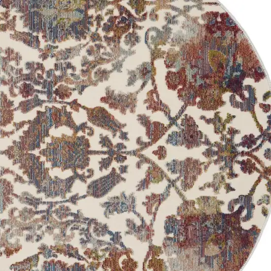 4' White and Golden Brown Floral Distressed Non Skid Round Rug Photo 1