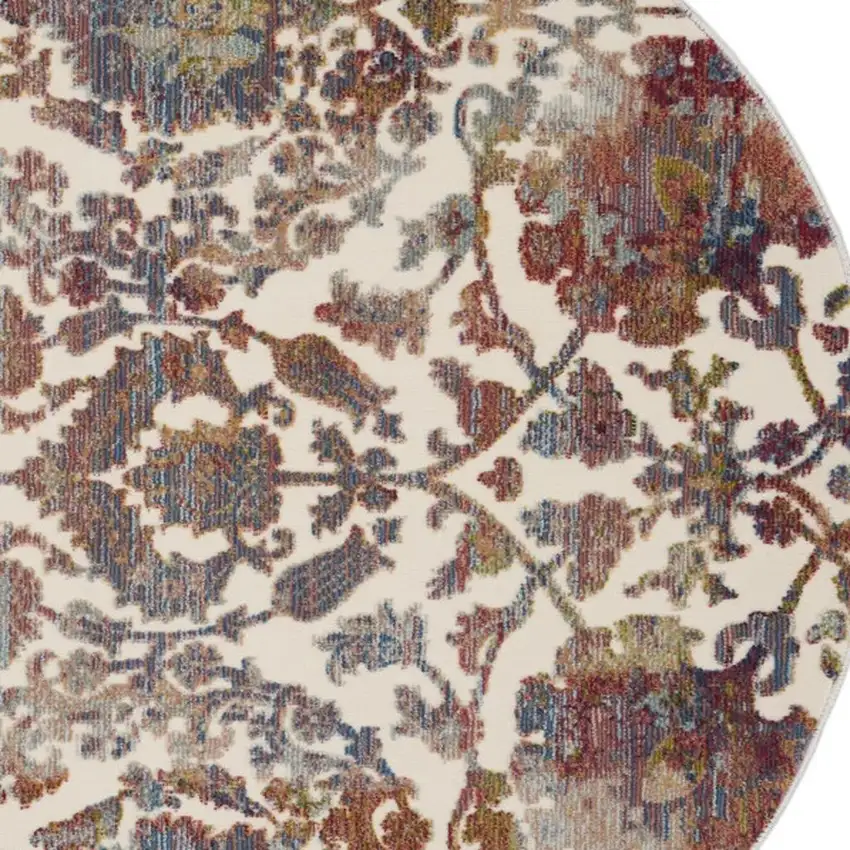 4' White and Golden Brown Floral Distressed Non Skid Round Rug Photo 1