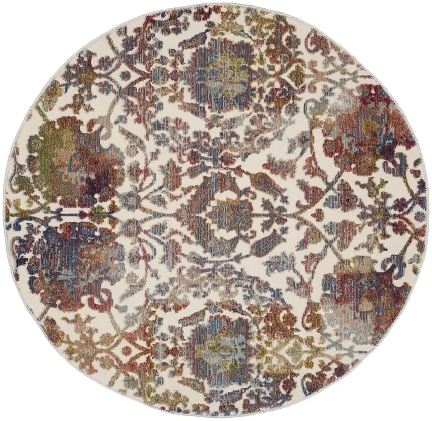 4' White and Golden Brown Floral Distressed Non Skid Round Rug Photo 2