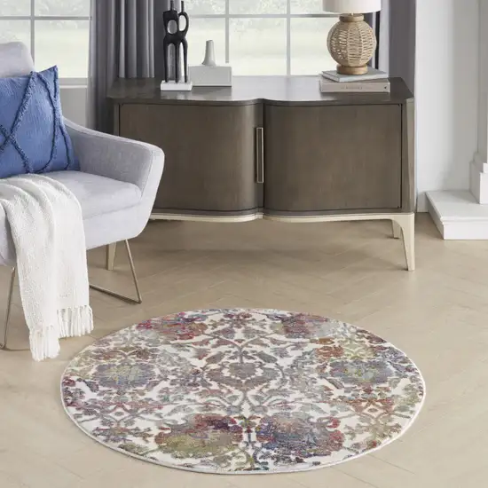 4' White and Golden Brown Floral Distressed Non Skid Round Rug Photo 6