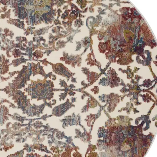 4' White and Golden Brown Floral Distressed Non Skid Round Rug Photo 8