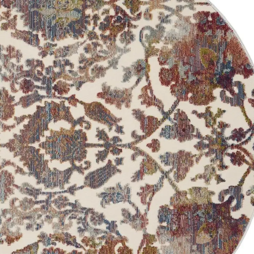 4' White and Golden Brown Floral Distressed Non Skid Round Rug Photo 8