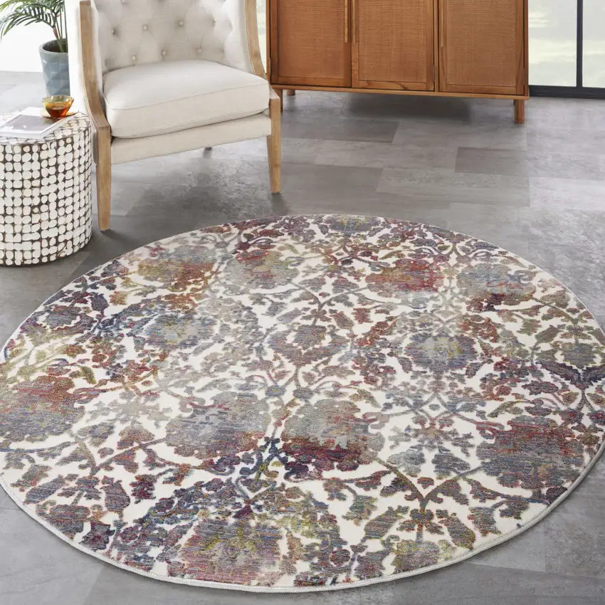 6' White and Golden Brown Floral Distressed Non Skid Round Rug Photo 3