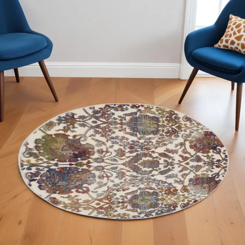 6' White and Golden Brown Floral Distressed Non Skid Round Rug Photo 2