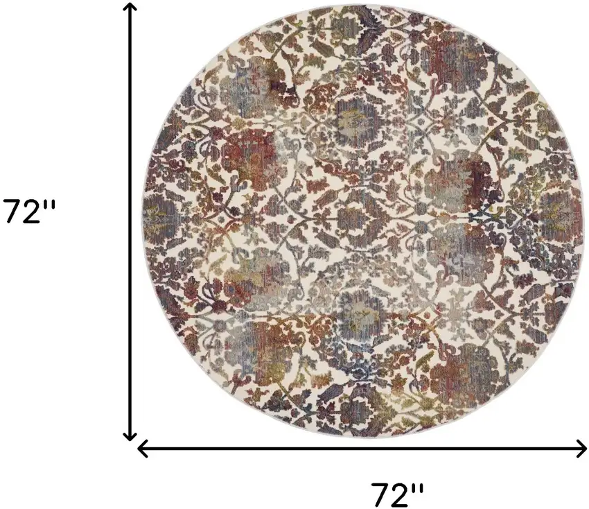 6' White and Golden Brown Floral Distressed Non Skid Round Rug Photo 3