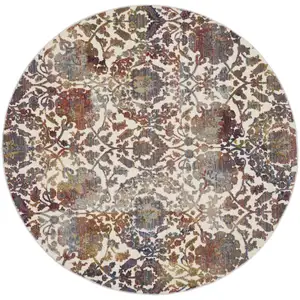 Photo of 6' White and Golden Brown Floral Distressed Non Skid Round Rug