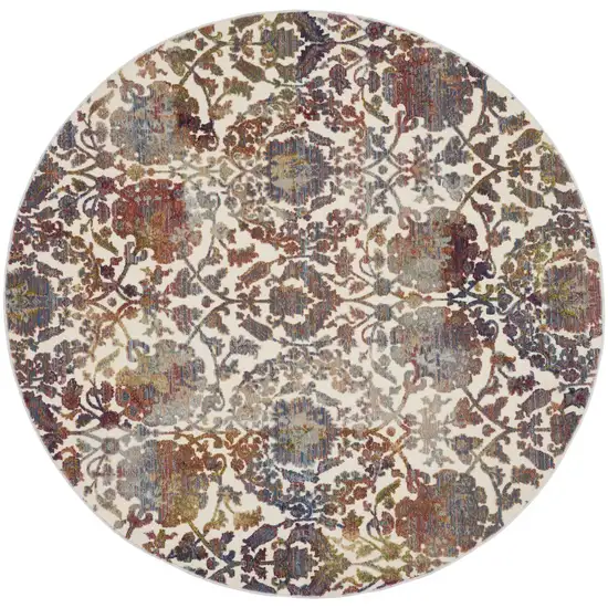 6' White and Golden Brown Floral Distressed Non Skid Round Rug Photo 1