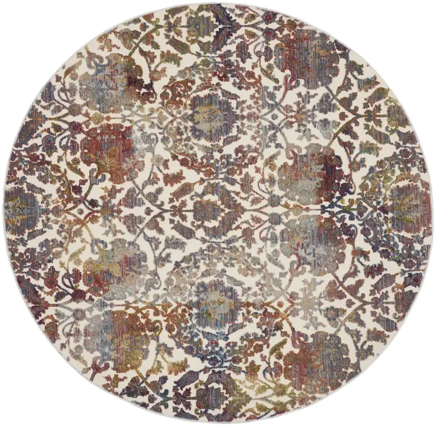 6' White and Golden Brown Floral Distressed Non Skid Round Rug Photo 1