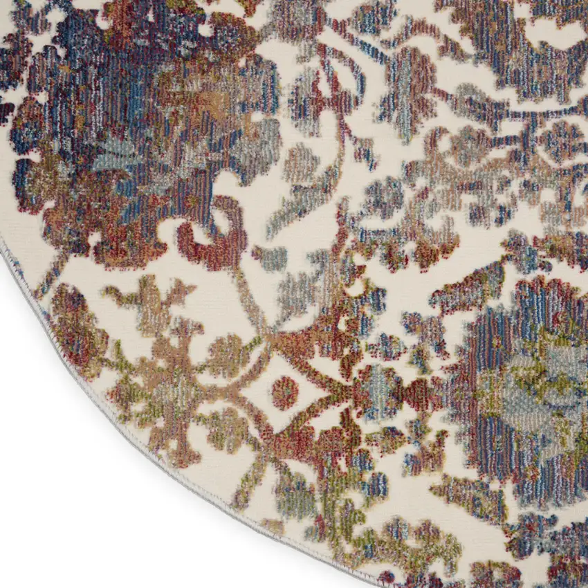 6' White and Golden Brown Floral Distressed Non Skid Round Rug Photo 8
