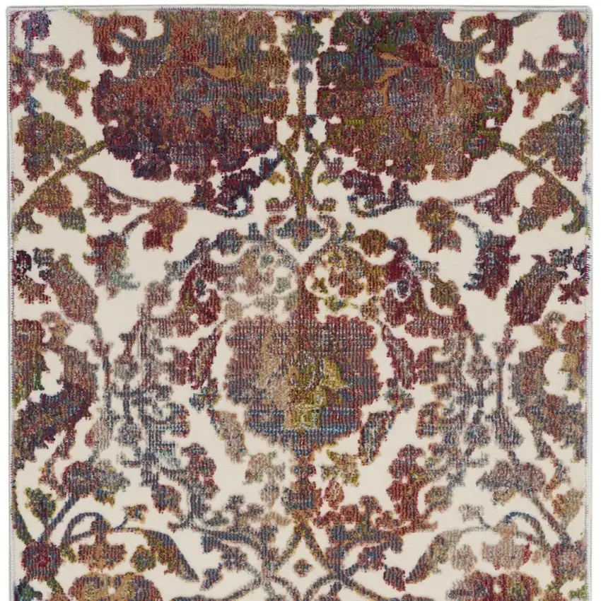 6' White and Golden Brown Floral Distressed Non Skid Runner Rug Photo 9